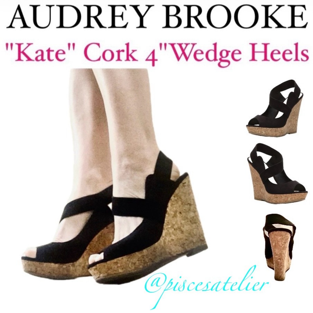 Audrey Brooke Kate Cork Wedge Heel in Black, Women’s Size 5.5